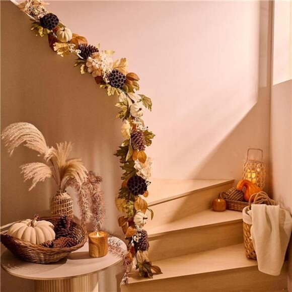 Fall Garland with Lights, 6 ft Artificial Autumn Harvest Garland - Picture 3 of 7